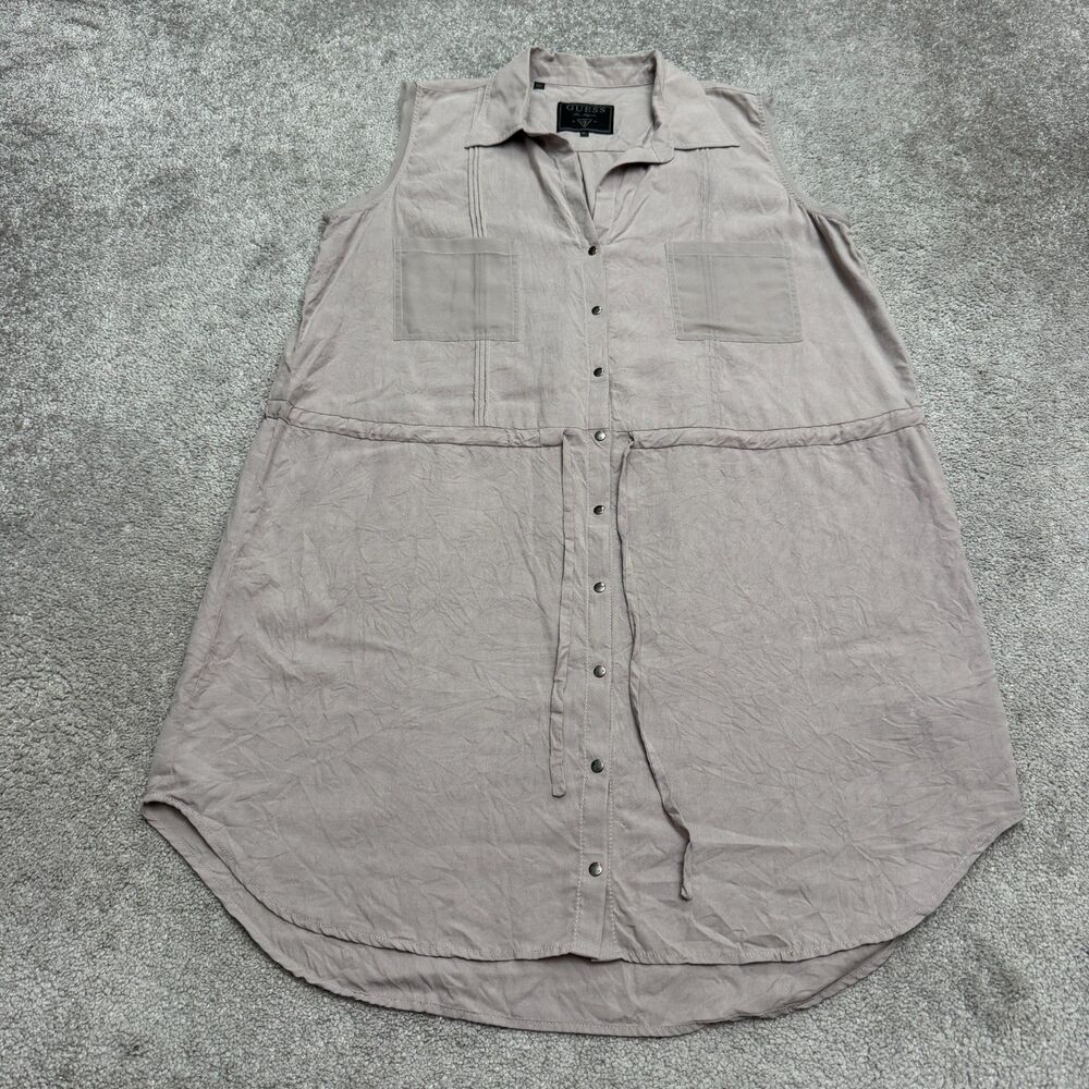 GUESS 100% Silk Sleeveless Snap Front Shirt Midi Dress Womens XL Purple Taupe